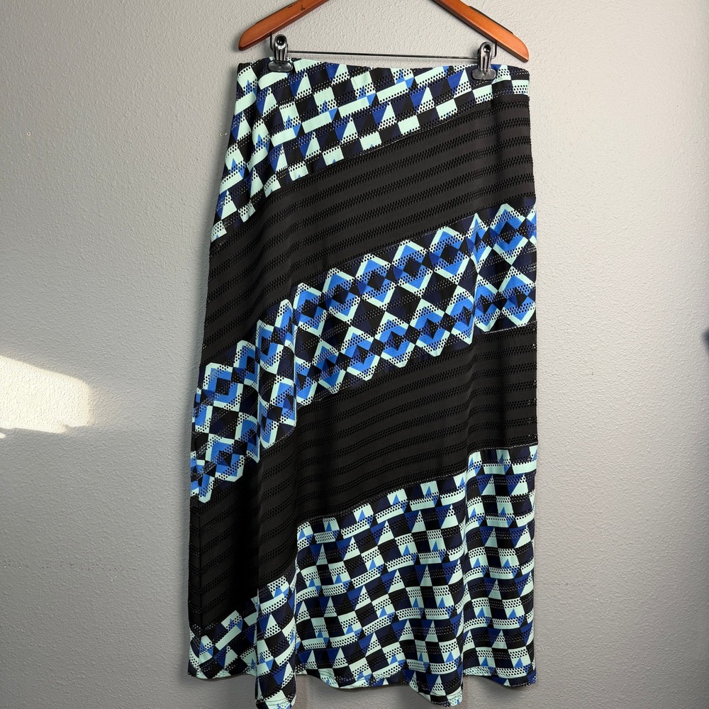 NWT Cato XL Maxi Skirt Geometric Diagonal Print Blue Mint Mesh‎ Paneled Lined